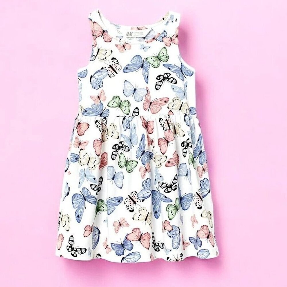 H&M Girls' White Butterfly All-Over Print Sleeveless Jersey Dress